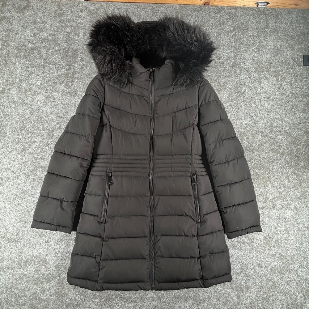 Calvin Klein Down Puffer Long Coat Womens M Black Faux Fur Trimmed Remove Hood‎